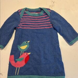 Mini Boden Blue and Pink Striped Sweater Dress with Bird Design